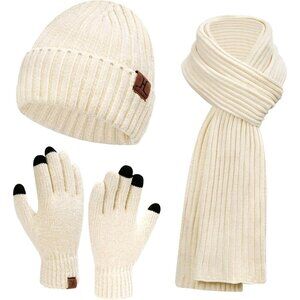 Winter Beanie Hat Scarf Gloves Set for Women and Men White Warm Knit Gift Idea